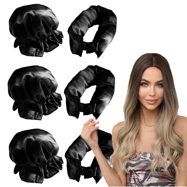 3Sets/6PCS Satin Heatless Hair Curler,Hair Rollers with Hair Caps,Heatless Curlers Headband with Hairnet,Hair Curlers No Heat,Heatless Curling Set For Sleeping Overnight (Black)