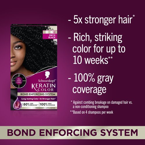 Schwarzkopf Keratin Color Permanent Hair Color, 1.0 Black Onyx, 1 Application - Salon Inspired Permanent Hair Dye, for up to 80% Less Breakage vs Untreated Hair and up to 100% Gray Coverage