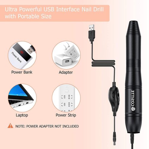 COSITTE Electric Nail Drill, USB Electric Nail Drill Machine for Acrylic Nails, Portable Electrical Nail File Polishing Tool Manicure Pedicure Efile Nail Supplies for Home and Salon Use Black