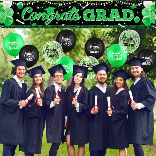 Graduation Party Decorations Green Black Graduation Banner Balloons Set Congrats Grad Yard Banner with 18pcs Balloons for Class of 2024 Party Sign Decor College High School Prom Party Supplies Outdoor