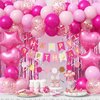 Jobkoo Pink Birthday Decorations for Girls, Hot Light Pink Balloon Garland Arch Kit Baby Bright Pink Happy Birthday Banner Foil Curtain Heart Star Foil Party Balloons for Princess Birthday Party Decor