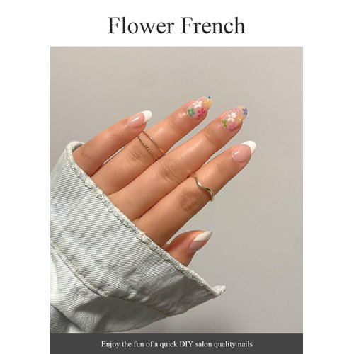 AutyaMee Semi Cured Gel Nail Strips (Flower French)-20 PCS Gel Nail Stickers | Gel Nail Wraps | UV Light Required, Salon Quality & Easy to Use