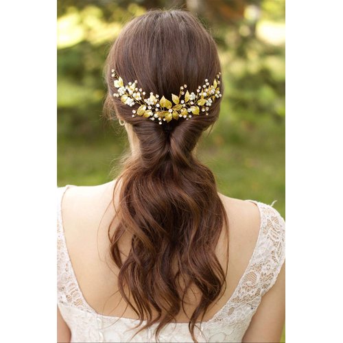 YERTTER Bridal Long Floral Crystal Leaf Bridal Hair Comb Clip Pearl Wedding Hair Accessories for Bride Bridesmaid Flower Girls (Gold)