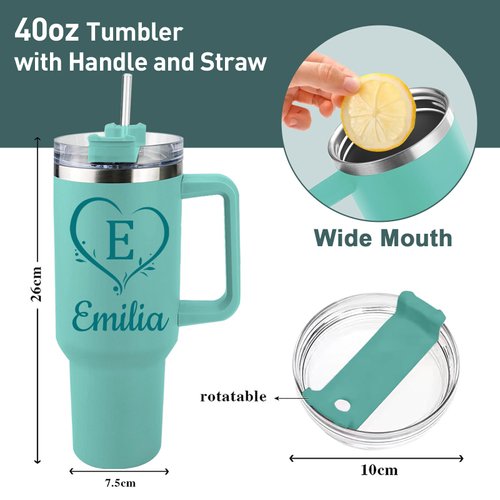 Elemtansy Personalized 40 Oz Tumbler with Handle and Straw, Custom Insulated Stainless Steel Tumbler with Name Travel Coffee Mug Birthday Gifts for Women Men
