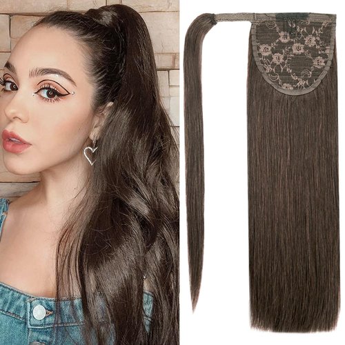 14 inch Ponytail Extension Human Hair 70g #2 Dark Brown 100% Remy Human Hair Ponytail Long Straight Wrap Around Ponytail Human Hair Clip in Hair Extensions One Piece Hairpiece for Women