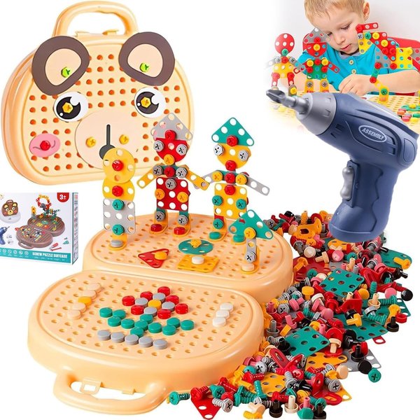 Flewyum Magic Montessori Play Toolbox Bear with Drill 203Pcs Montessori Toys for 3+ Year Old Kids Drill and Screw Set 2D/3D Creativity Tool Box Gift for Boys and Girls