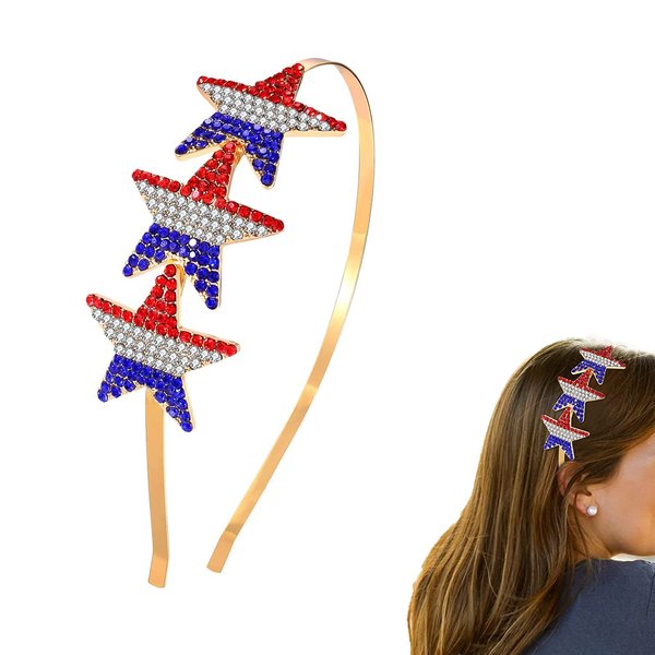 4th of July Headband - Patriotic Headbands, American Flag Star Headband, Independence Day Headband Rhinestone Star Headbands, July 4th Headband Red White Blue Star Hairband for Women (A-Gold-3D)