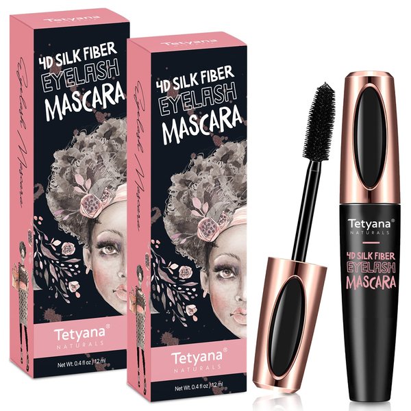 Tetyana naturals Mascara Black Volume and Length, 4D Silk Fiber Lash Mascara Waterproof, Smudge-proof, Hypoallergenic Formula for Your Longer, Thicker, Voluminous Eyelashes, 2 Pack