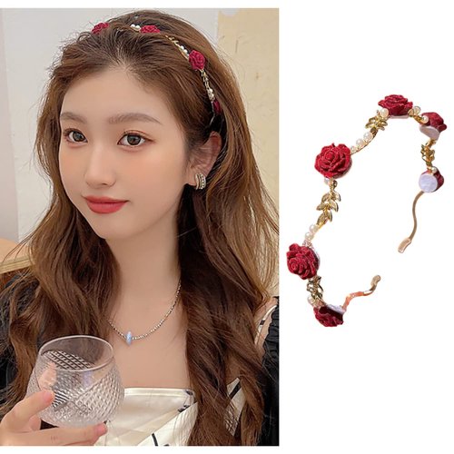 AIUPUOC Valentine Headband Hair Clips Flower Metal Hair Accessories Exquisite Red Rose Gold Metal Design Elegant Hair Hoop Hairbands Hair Band Hairpin for Women Girls Scrunchies 1Pcs