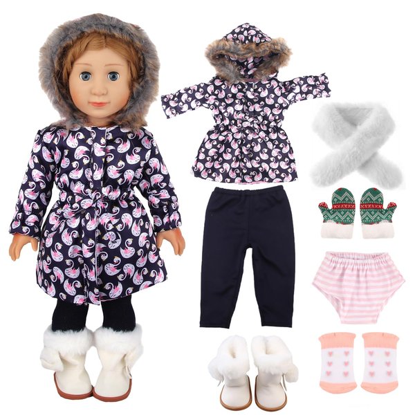 MSYO 18-inch Doll Down Jacket, Doll Winter Clothing Set, 5 Different Colors and Patterns Available. (Deep Blue-Swan Print)