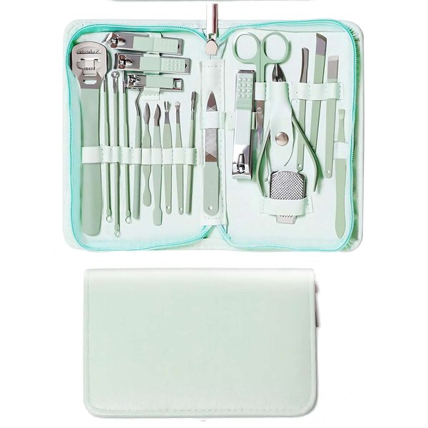 Professional Nail Clipper Pedicure Set,Manicure Set Personal Care, Nail Clipper Kit,Nail Tools with Luxurious Travel Case, Gifts for Men Women Family Friend,Green (22 Pieces)