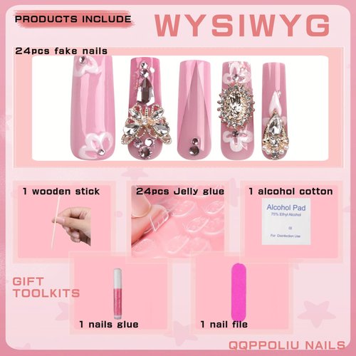 QQPPOLIU Long Square Press on Nails with Rhinestones Designs Fake Acrylic Nails Flower and Butterfly Press on Nails Goddess Press Ons Glue on Nails 24pcs