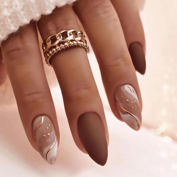 Tyuimhx Medium Press on Nails Almond Fake Nails With Gold Line Designs Brown Matte False Nails Full Cover Stick on Nails Reusable Artificial Nails Glue on Nails for Women Girls Nails Decorations 24Pcs