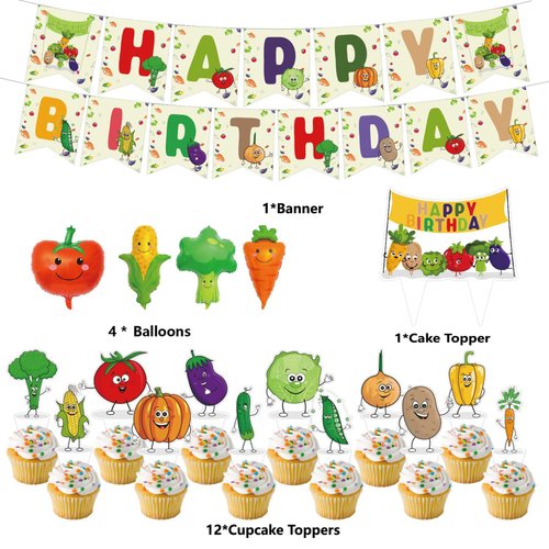 Vegetable Birthday Party Supplies Cute Vegetable Party Decorations Include HAPPY BIRTHDAY Banner Foil Balloons Cake Topper Cupcake Toppers Cartoon Birthday Party Decoration