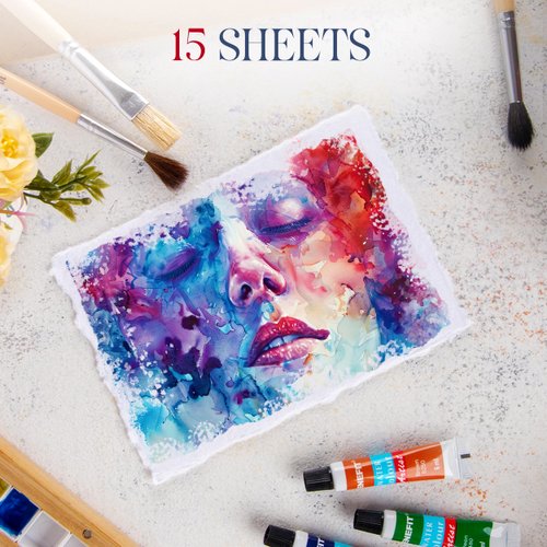 Wanderings Thick Handmade Watercolor Paper with Deckled Edge - 4x6-500GSM, Premium White Cold-Pressed Textured Mixed Media Paper Made with Recycled Cotton - 15 Loose Leaf Sheets