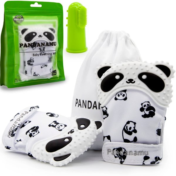 Baby Teething Mitten Panda Teether Mitten with Baby Toothbrush & Massager Teething Glove Mitt Infant Toy(2 Mittens with Toothbrush)