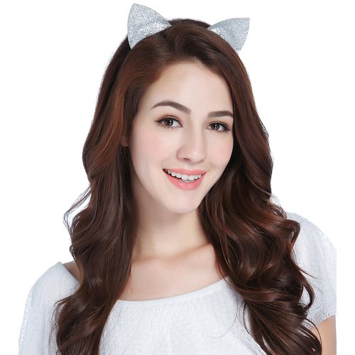 CAKYE Glitter Cat Ear Headband Party Hair Band Gift (One Size, Silvery (Cat Ears))