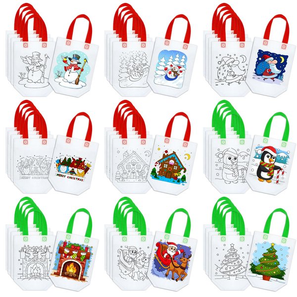 Kacctyen 45 Pcs Cute Coloring Goodie Bags Reusable Christmas Party Favor Bags Paint Bags for Kids Christmas Theme Birthday Bags Color Your Own Bag Graffiti Goodie Bags, 9 Styles