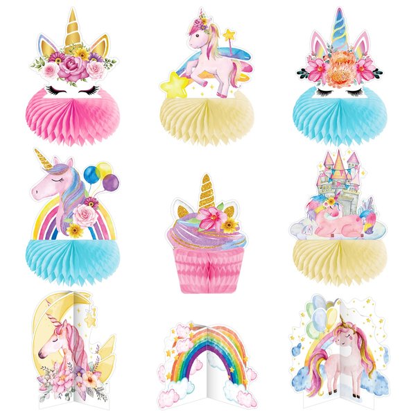 Qpout 9 Pieces Party Table Decorations Honeycomb Centerpieces for Kids Girls,Table Decorations Rainbow Castle Paper Table Topper Theme Birthday Table Decorations