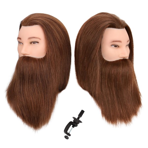 Male Mannequin Head with Human Hair Barber Mannequin Head Beard Practice Male Haircut 100% Manikin Head Doll Head for Hairdresser Cutting Styling with Clamp Stand-Brown