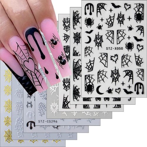 8 Sheets Halloween Nail Art Stickers Decals Spider Web Nail Stickers 3D Self-Adhesive White Black Gold and Silver Glitter Spider Web Designs Nail Decals Decorations for Women Halloween Nail Charms