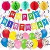 Happy Birthday Banner, Rainbow Birthday Banner for Happy Birthday Party Decorations, 15 Rainbow Confetti Balloons, 5 Honeycomb Balls, 8 Hanging Swirl Streamers and Circle Dots Hanging Decorations