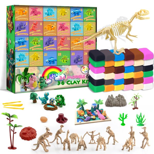 Advent Calendar 2024 Kids, Include 24 Modeling Tools and 36 Air Dry Clay, Create a Dinosaur Park, Play Color Dough Tools Accessories，Playdough Art Crafts Gift with Dino Skeleton for Kids Boys Girls