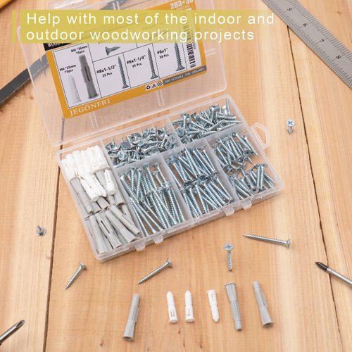 JEGONFRI High Hardness Wood Screws Assortment Kit and Plastic Wall Anchors, 203 pcs 1/2" to 1-1/2" Philips Drive Flat Head Screws & 30 pcs M6 Drywall Anchors