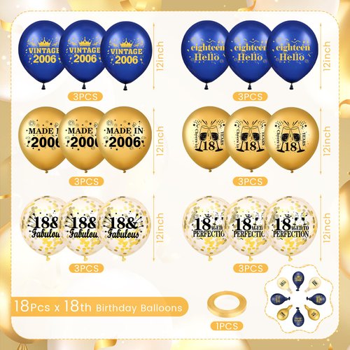 Blue Gold 18th Birthday Balloons for Boys Girls 18Pcs Navy Blue Vintage 2006 Balloons Vintage 18th Birthday Confetti Latex Balloons for Boys Girls 18th Birthday Party Decorations Supplies 12 inch