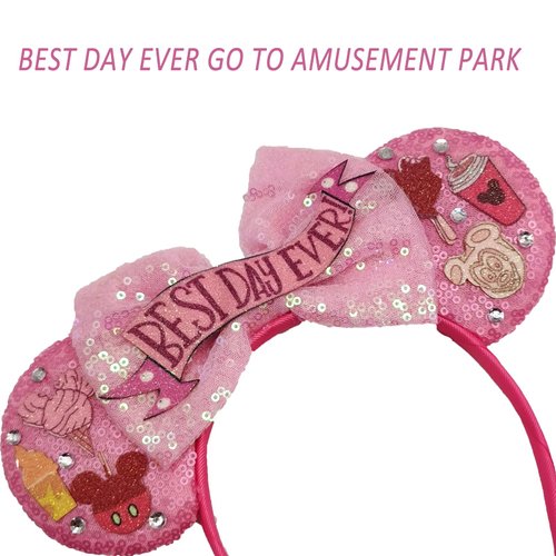 ZHENNAN Mouse Ears Headbands for Women, Glitter Best Day Ever Bows Ears Headbands, Costume Cartoon Themed Events Birthday Party Decorations Hair Accessoires