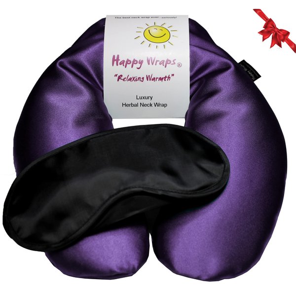 Happy Wraps Microwavable Herbal Neck Wrap - Hot Cold Aromatherapy Neck Warming Pillow - Heating Pad for Migraines, Stress, Gifts for Women, Birthdays, Christmas and Free Sleep Mask - Amethyst
