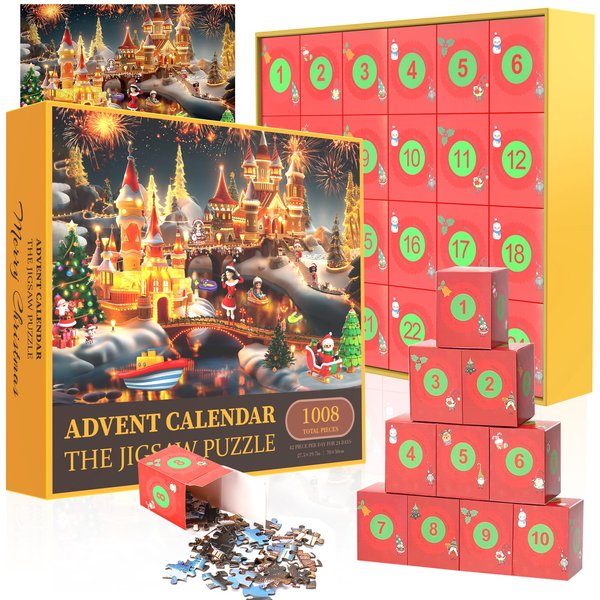 Advent Christmas Puzzle 2024, With 24 Days Surprise Box of 1008 piece advent puzzles, Paper Advent Calendar,Holiday Decorative Paintings,puzzle game for Adults, Teens, Kid (Green) (Yellow)