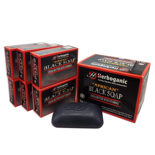 HERBOGANIC Black Soap with Cocoa Butter and Vitamin E | Natural Bar Soap for Face and Body | Relaxing and Nourishing | Gentle for Men and Women | 5 Oz (Pack of 6)…
