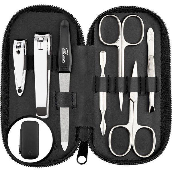marQus Manicure Set Solingen Made in Germany - 7 piece stainless steel exclusive finger & toe nail clippers set in Nappa black leather case, made in Solingen Germany* (except for clippers)