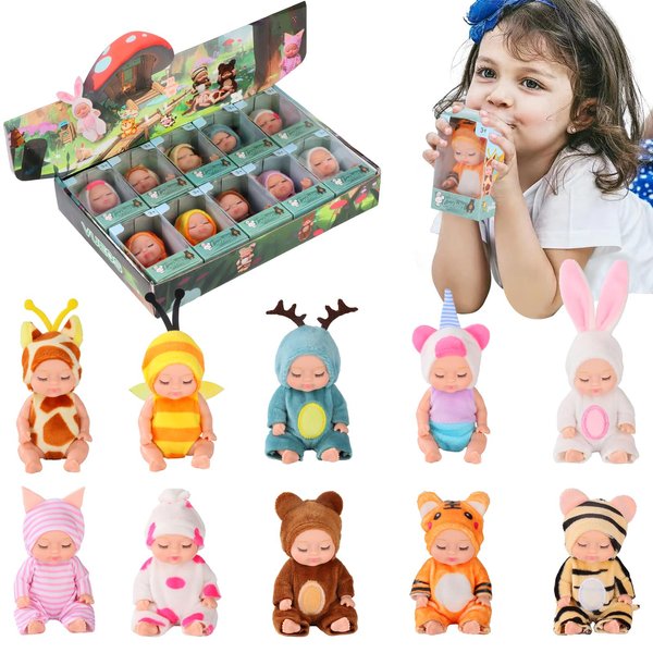 Vueos 10 Pcs 4 Inch Mini Reborn Baby Dolls Set Cute Small Baby Doll with Handmade Animal Clothes - Baby Doll Giftbox Gifts for Girls Boys
