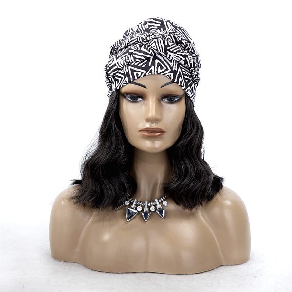 OYSRONG Long Black Color Curly Headband Afro Wig With Black/white Hair Cap Attached Wavy Wigs With Turban Head-wrap Wig