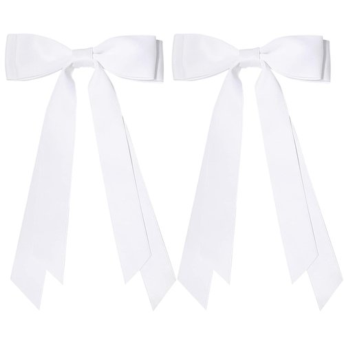 2PCS Silky Satin Hair Bows Ribbon Hair Clips, Fall Alligator Hair Pins, Ponytail Holder Accessories Sides Metal Hair Bow Barrettes Hair Accessories for Women Girls Kids (White)