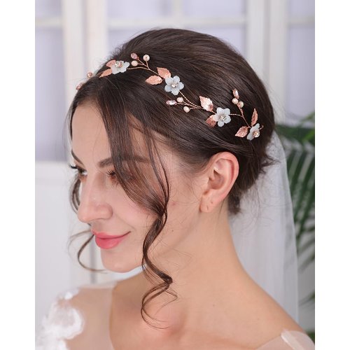 Rumtock Rose Gold Leaf White Flower Hair Band for Wedding Brides Bridesmaid Handmade Headband Hair Accessories