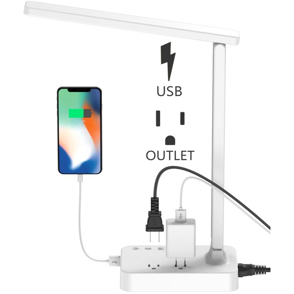 Drevet LED Desk Lamp, Desk Light with 1 USB Charging Port and 2 AC Power Outlet, 3 Lighting Modes, 3 Level Brightness,1H Timer, Touch Control, Eye-Caring Home Office Foldable Table Lamp (White)