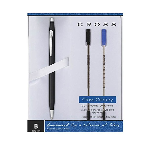 Cross Classic Century Ballpoint Pen Satin Matte Black Chrome Trim with 2 Free Ballpoint Refills