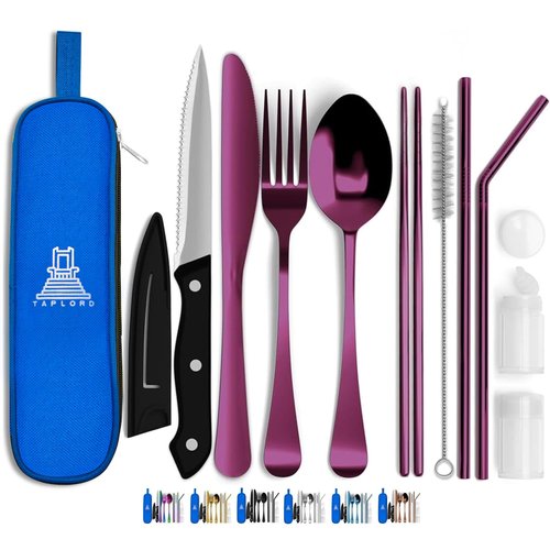 Taplord Portable Travel Silverware Set With Case - Includes 10 Pcs of Utensils, Stainless Steel Flatware For Camping, Easy to Travel, Lightweight (Purple)
