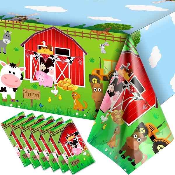 Kasyat Farm Animals Party Tablecloth Farmhouse Disposable Plastic Table Cover Barnyard Farm Animal Theme Party Decorations for Baby Shower Birthday Party Supplies, 108 x 54 Inch (Red,6 Pieces)