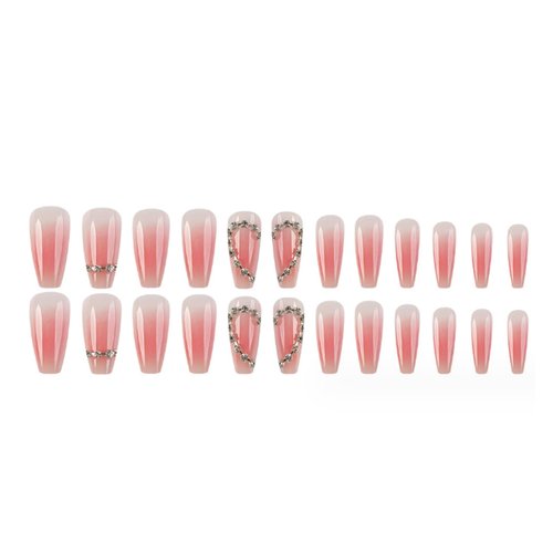 Hkanlre Medium French Press on Nails Coffin Pink Ballerina Gradient Fake Nails Heart Full Cover Rhinestones False Nails for Women and Girls 24PCS
