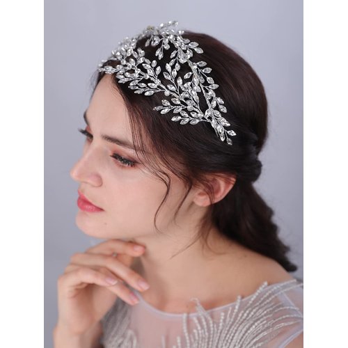 JWICOS Wedding Tiara Headband for Women Crystal Handmade Queen Leaf Bridal Headband Headpieces Wedding Hair Accessories for Prom Halloween Cosplay Party Pageant (Green Gold)