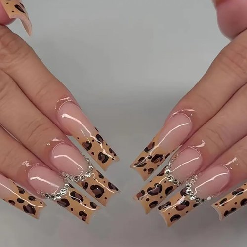 Long Press on Nails Square,Leopard Print French Tips Fake Nails Full Cover Stick on Nails with Sparkly Rhinestones Design Glossy False Nails 3D Nail Charms Long French Nails Kit for Women Girls-24 Pcs