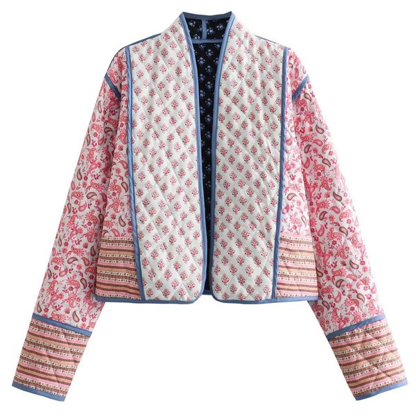 Wyeysyt Women's Cropped Puffer Quilted Jacket Cardigan Floral Printed Lightweight Long Sleeve Open Front Short Padded Coats(Pink-M)