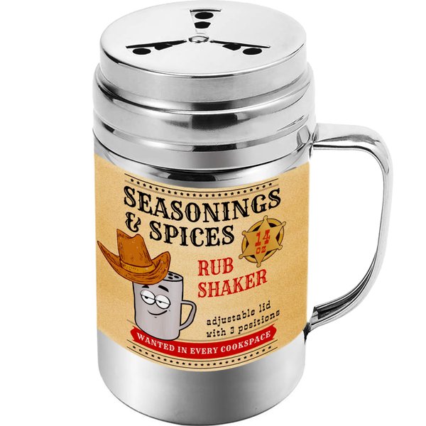 14 oz Seasonings Spice Shaker - BBQ Dry Rub Shaker - Cooking Dredge with Adjustable Fan-Style Lid and Handle
