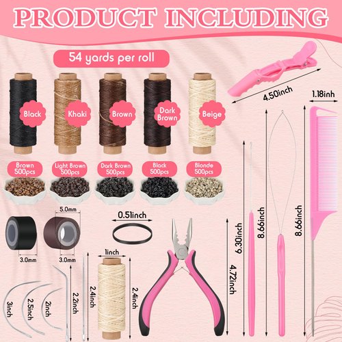 Tigeen 30 Pcs Hair Extension Tools Kit 1 Plier 2500 Silicone Lined Micro Rings 5 Rolls Sewing Thread 10 C/J/I Needle 1 Threader 1 Crochet Hook 1 Comb 200 Rubber Bands and 5 Hair Clips for Hair Styling