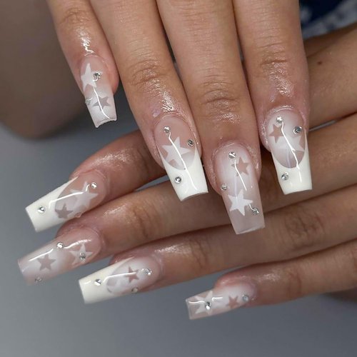 French Tip Press on Nails Coffin Fake Nails Star With Rhinestone Design Medium False Nails Acrylic Full Cover Artificial Nails Glossy Glue on Nails Reusable Stick on Nails for Women DIY Manicure 24pcs