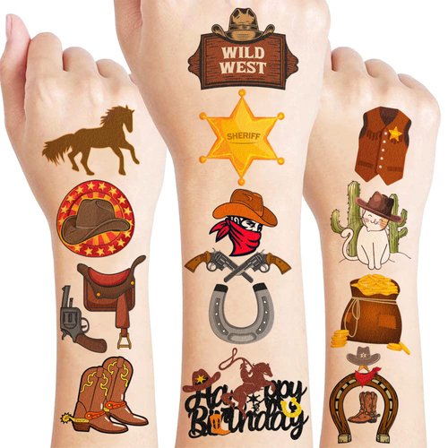 Cowboy First Temporary Tattoos 8 Sheets 78 PCS Western Party Decorations Supplies Favors Horse Rodeo Theme Birthday Cute Stickers Christmas Gifts for Boys Girls Kids Class School Prizes Carnival